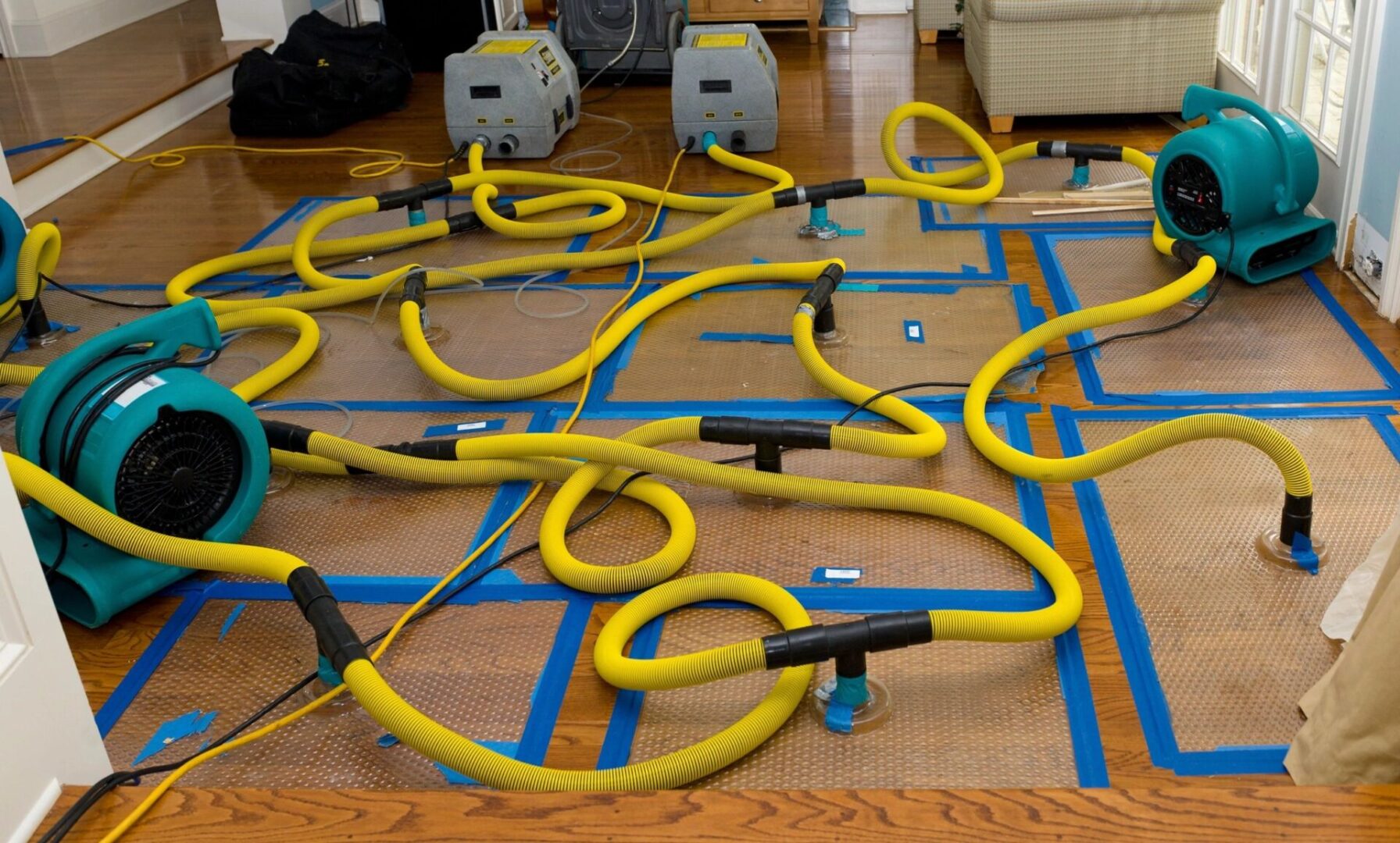 A bunch of yellow hoses are laying on the floor