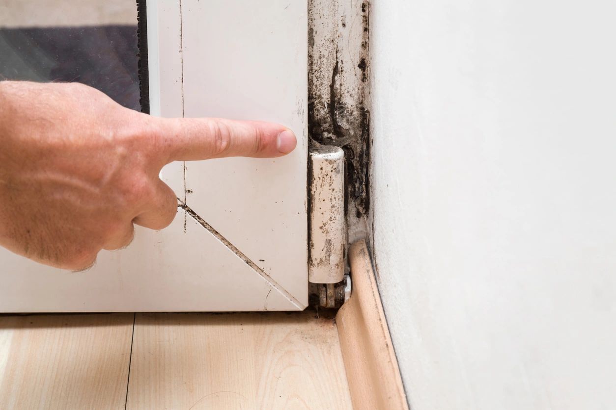 A person points to the wall of their home.