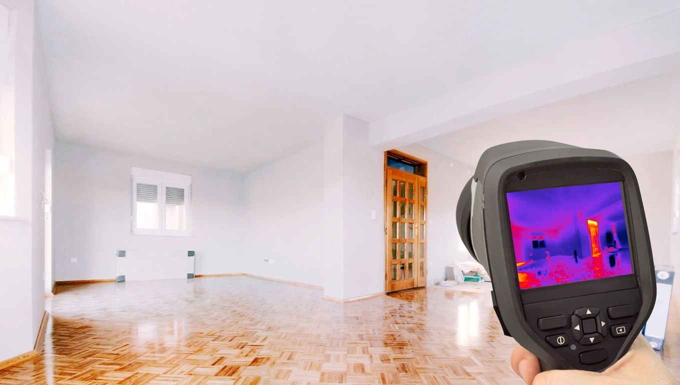 A person is looking at the camera through an infrared thermal imaging device.