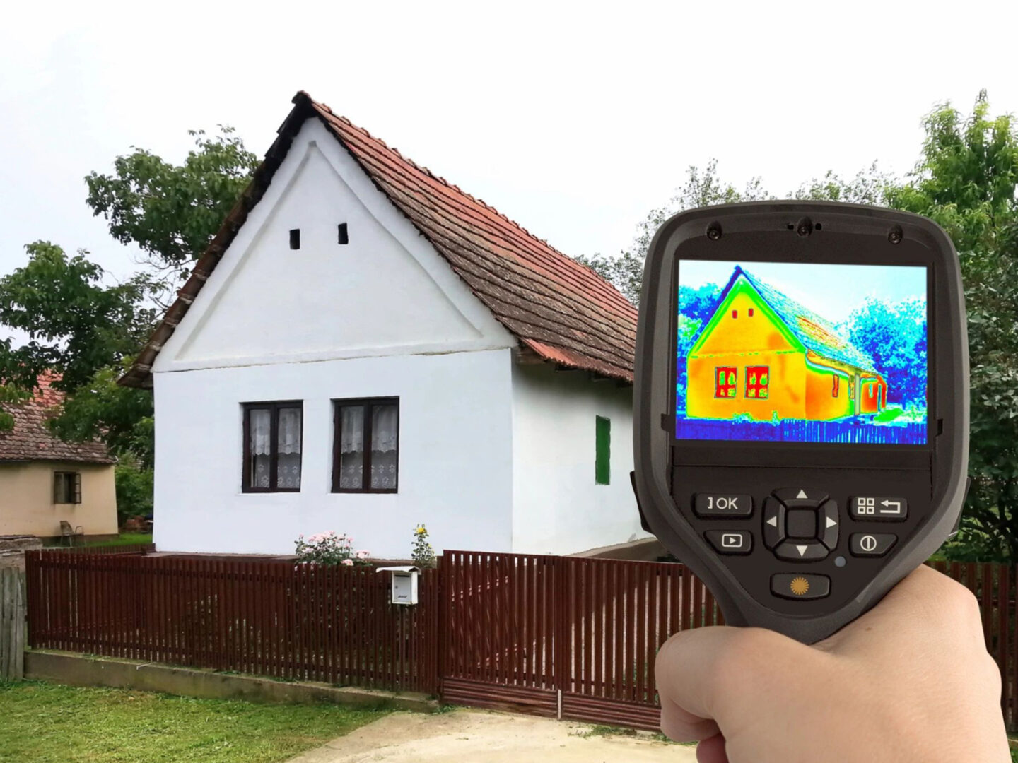 A person holding up their camera to take a picture of the house.