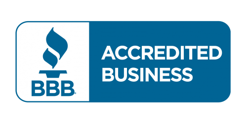 A blue and white logo for the bbb accredited business.